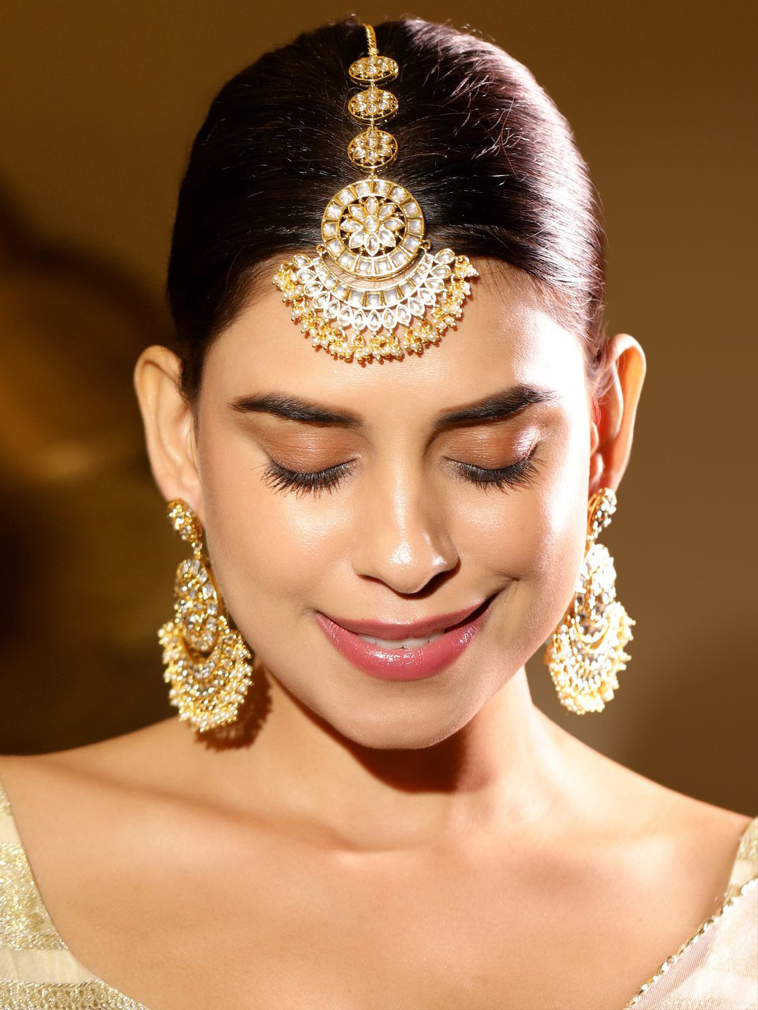 Rubans 24K Gold Plated Kundan & Pearls Earrings & Maang Tikka Set
