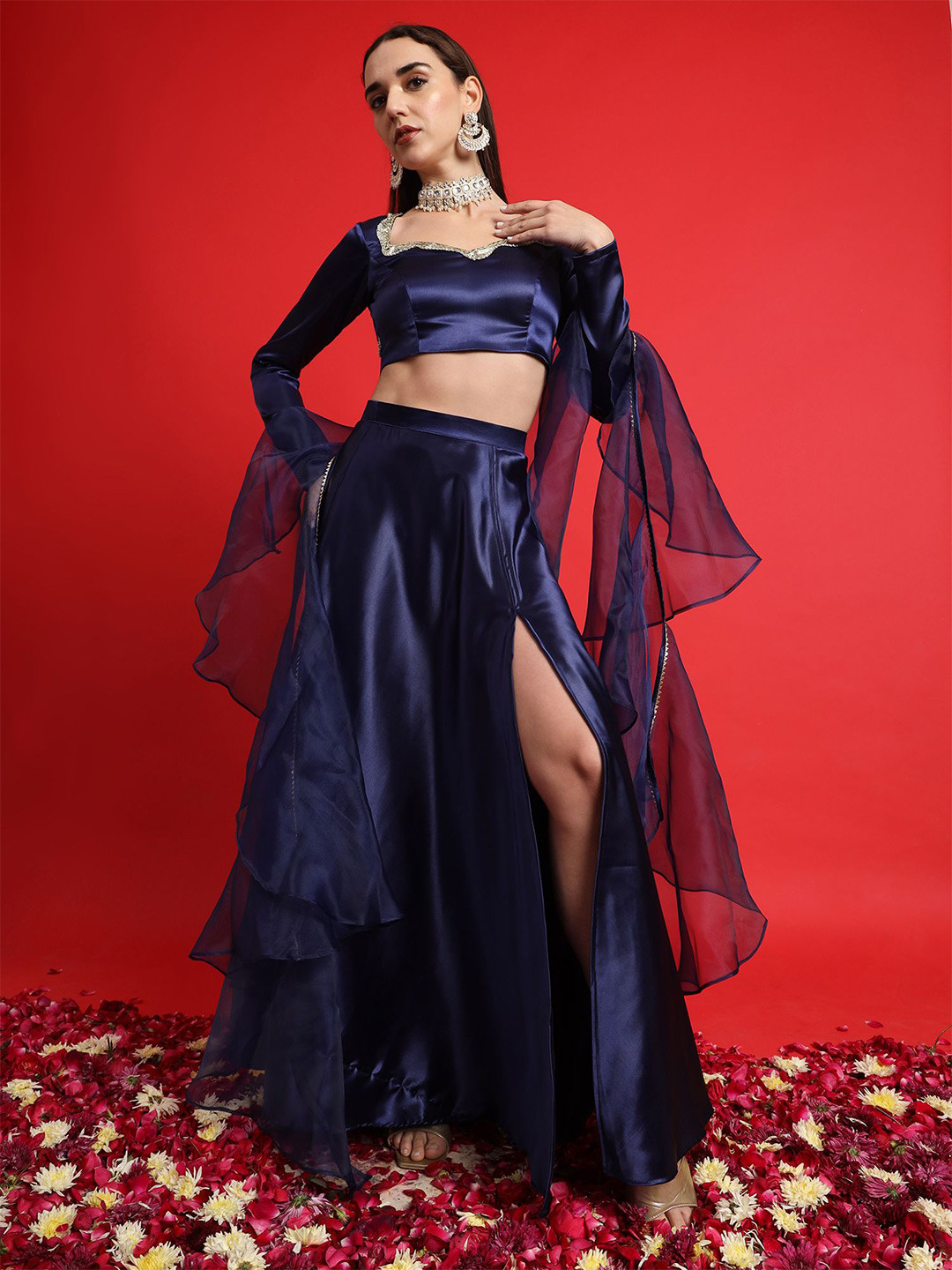 Salvia Sky Embellished Satin Organza Ready to Wear Lehenga & Blouse With Dupatta