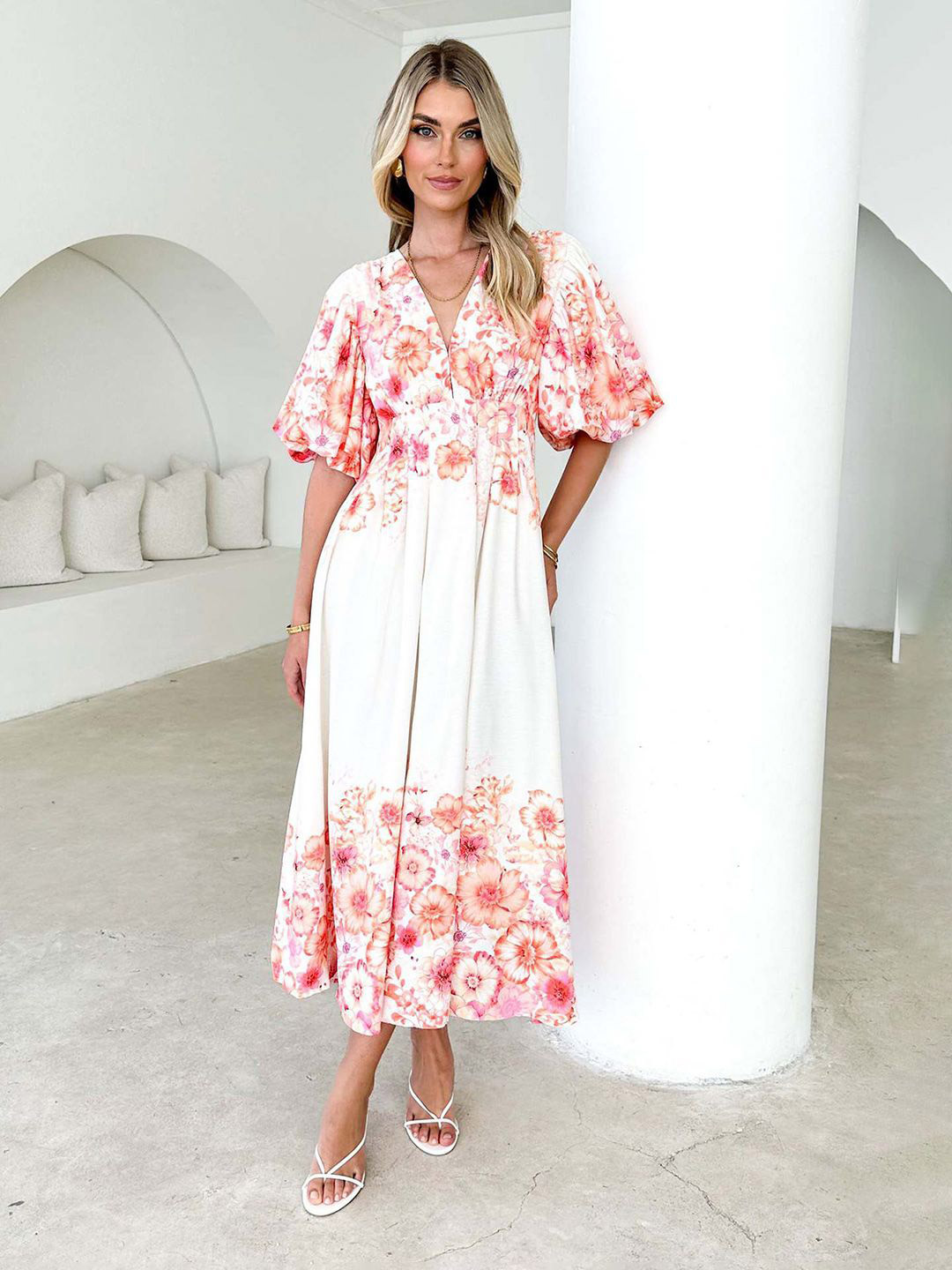 JC Mode Women Floral Printed V-Neck Puffed Sleeve Empire Midi Dress