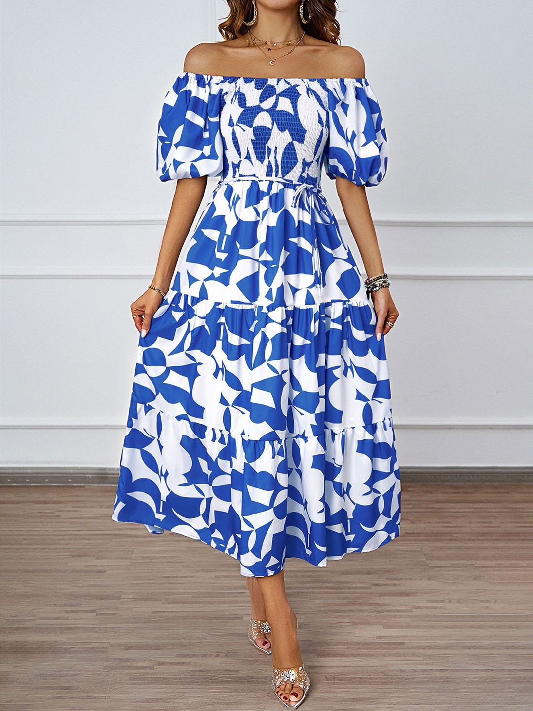 JC Mode Women Floral Printed Off-Shoulder Puffed Sleeve Fit & Flare Midi Dress