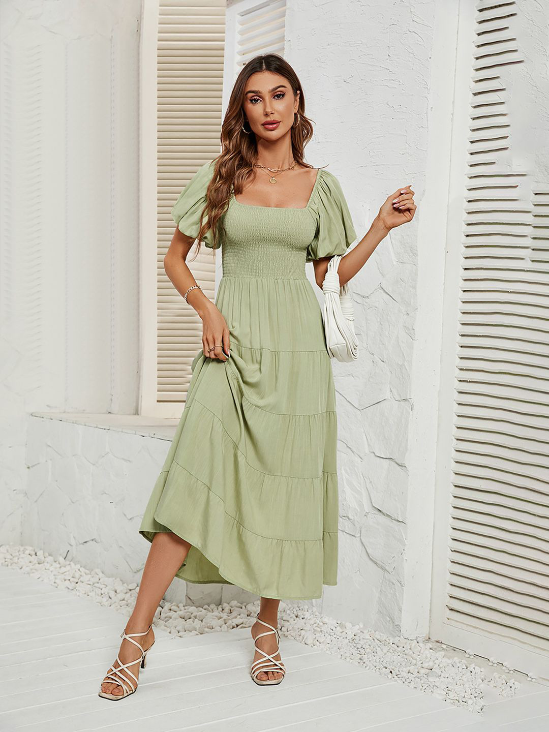 JC Mode Smocked Detail Fit & Flare Midi Dress