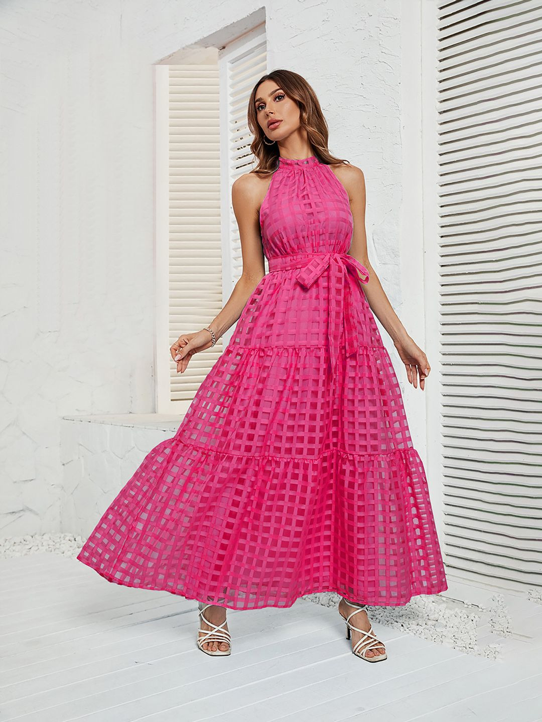 JC Mode Women Self Design Halter Neck Fit and Flare Maxi Dress