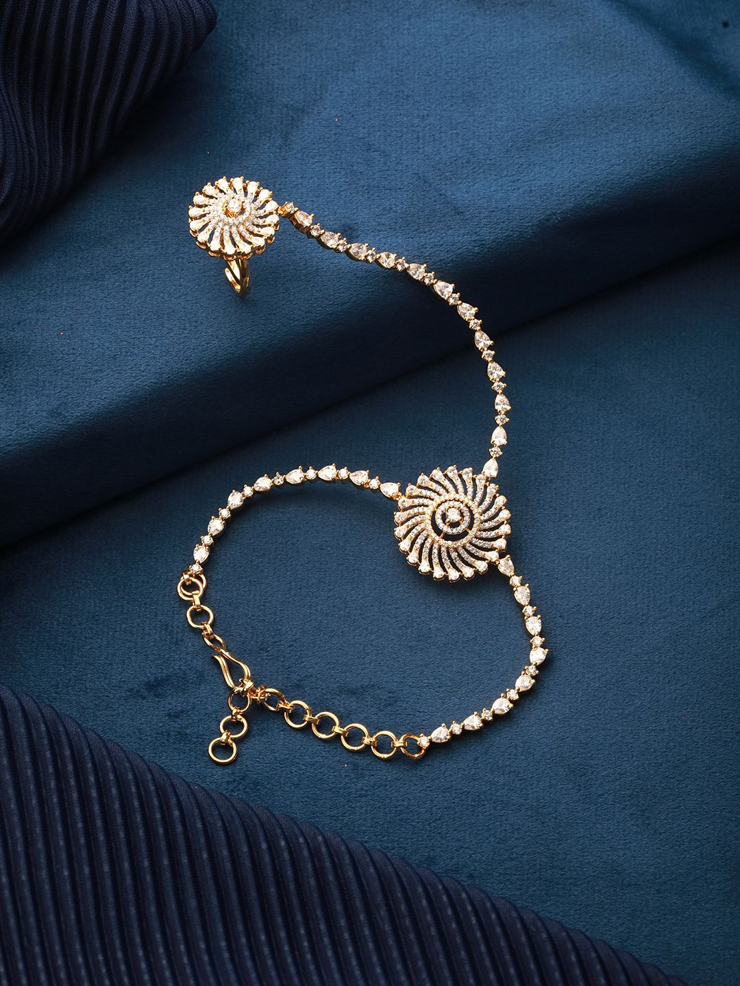 Saraf RS Jewellery Gold-Plated American Diamond & CZ Hathphool Bracelet