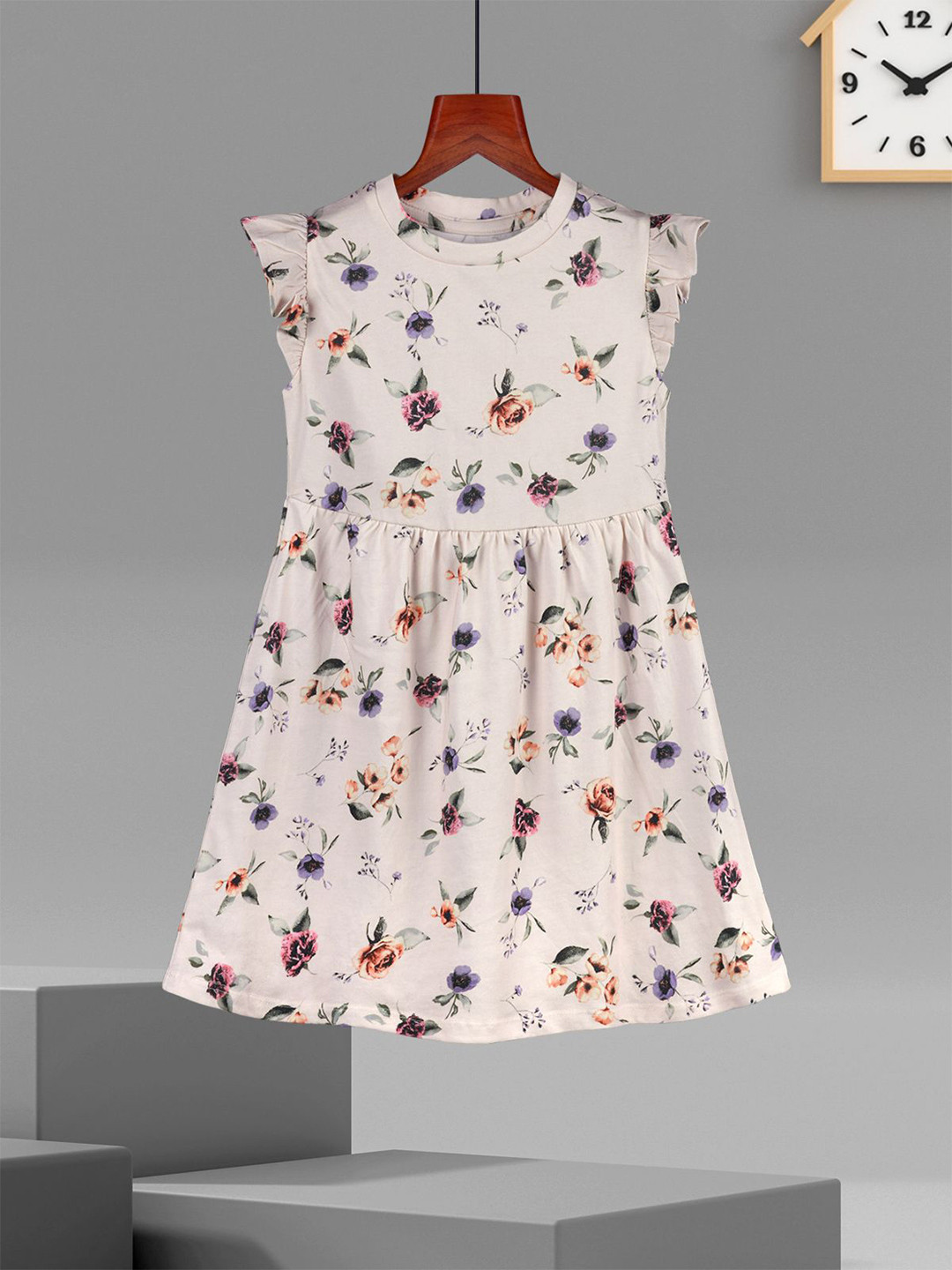 HELLCAT Floral Print Round Neck Cap Sleeves A-Line Dress
