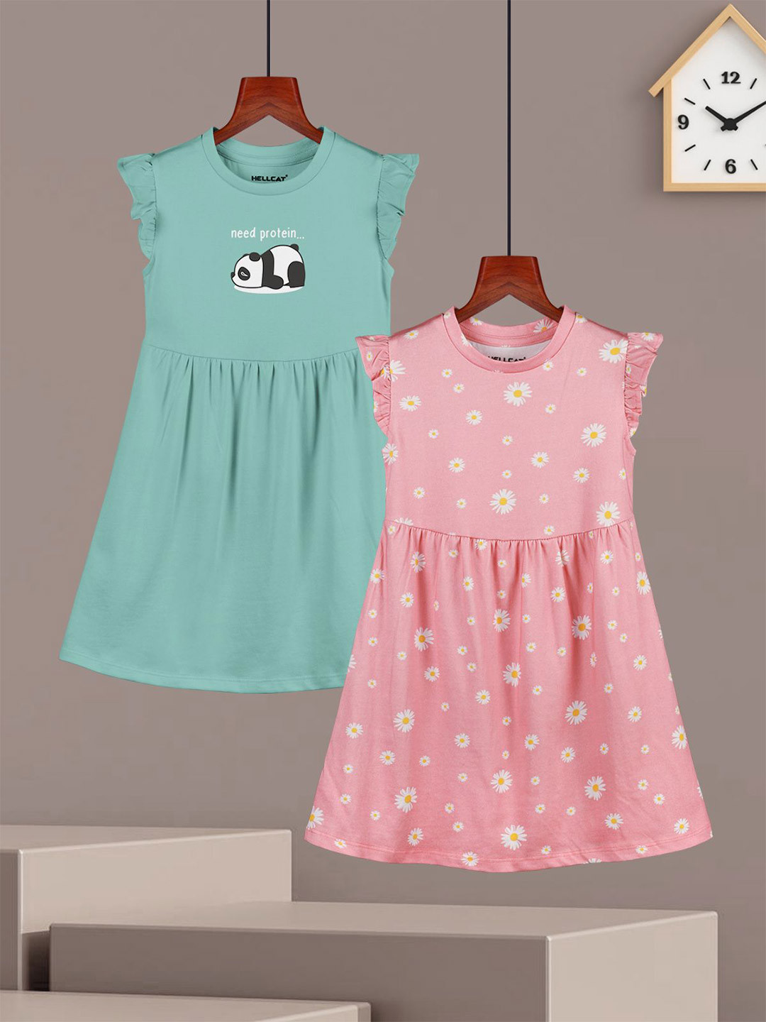 HELLCAT Girls Pack of 2 Graphic Printed Cotton A-Line Knee Length Dress