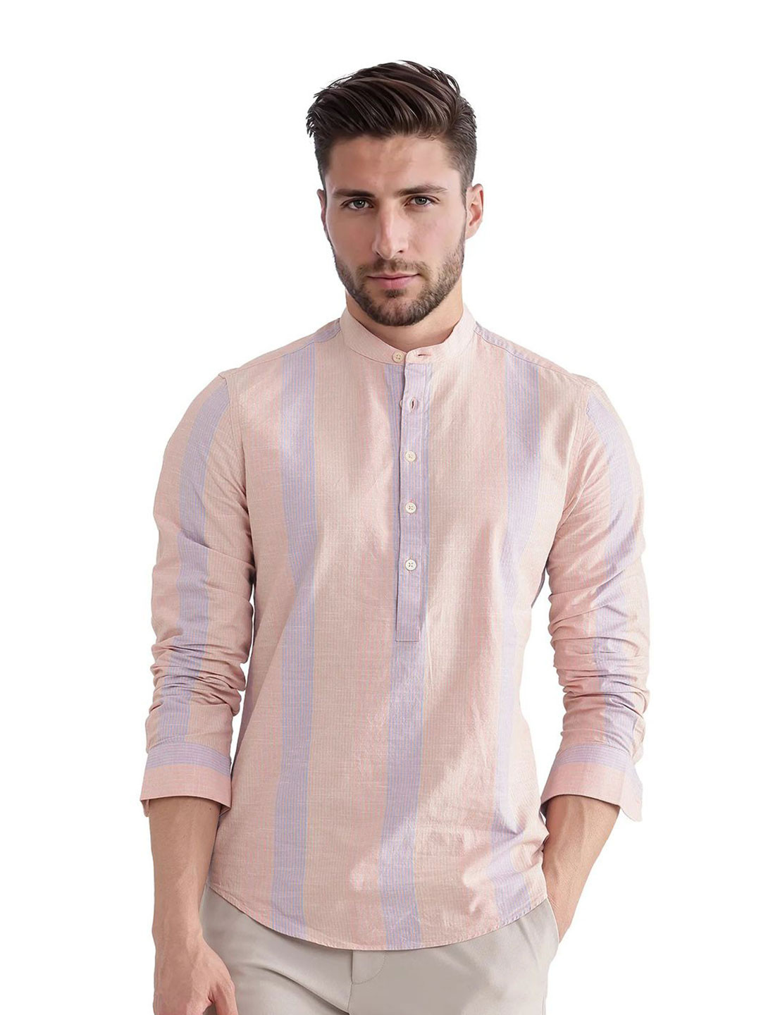 RARE RABBIT Men Band Collar Vertical Striped Cotton Casual Regular Fit Shirt