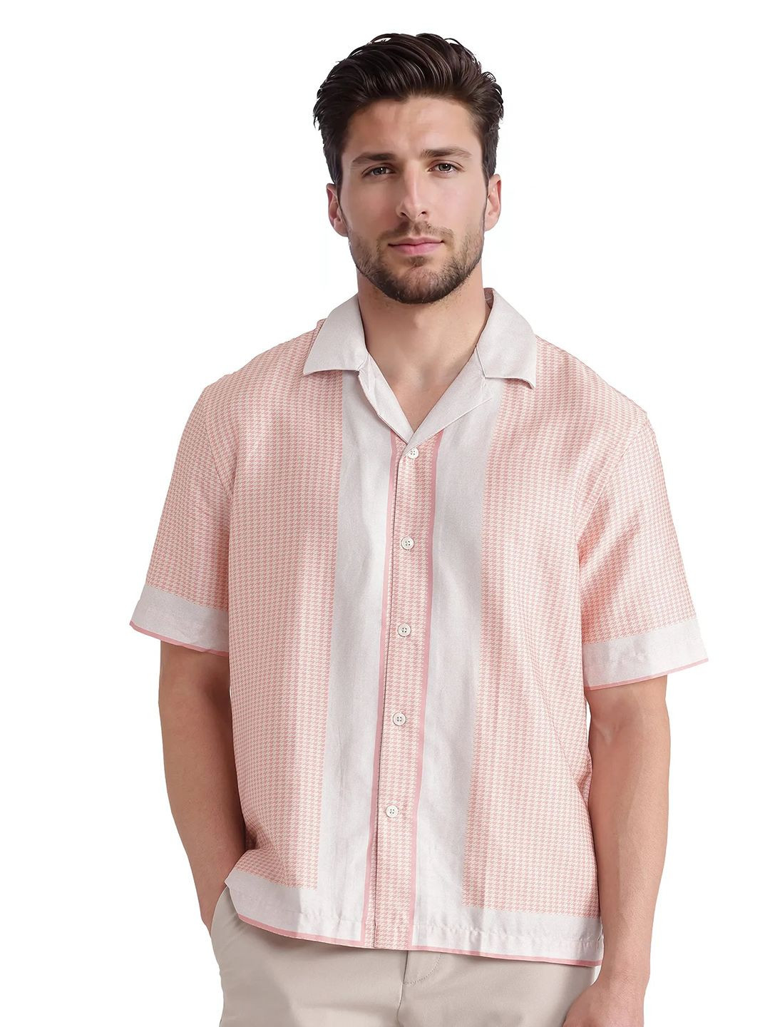 RARE RABBIT Men Comfort Relaxed Fit Cuban Collar Shepherd Checked Cotton Casual Shirt