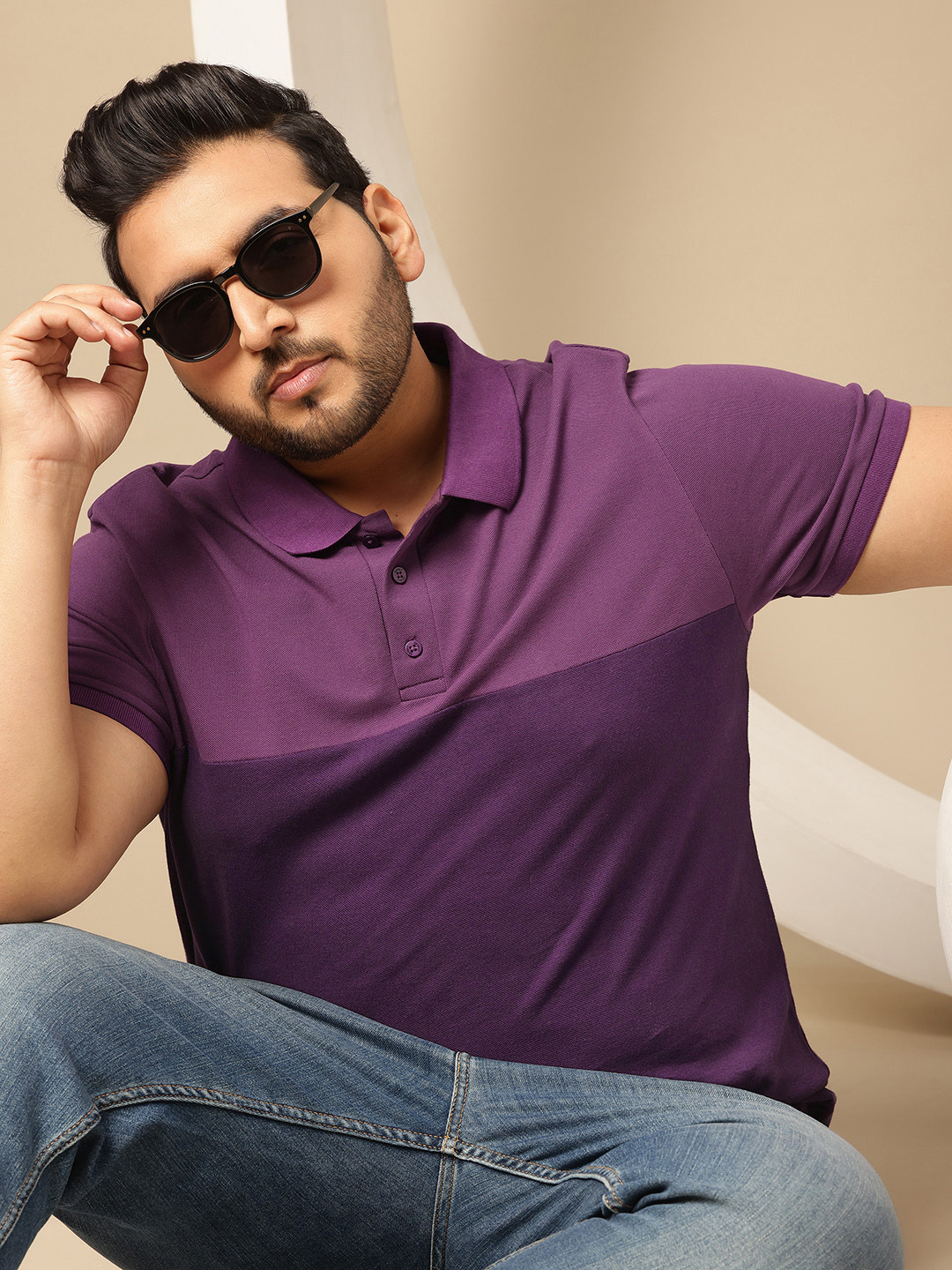 Sztori Plus Size Colourblocked Pure Cotton Polo Collar T-shirt