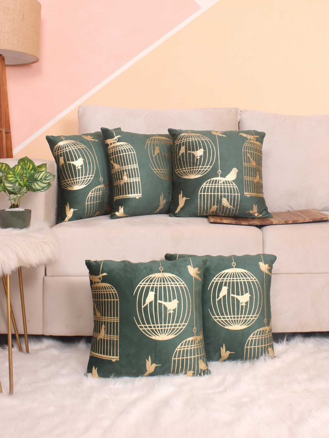 STITCHNEST Set of 5 Green & Gold Velvet Cushion Cover
