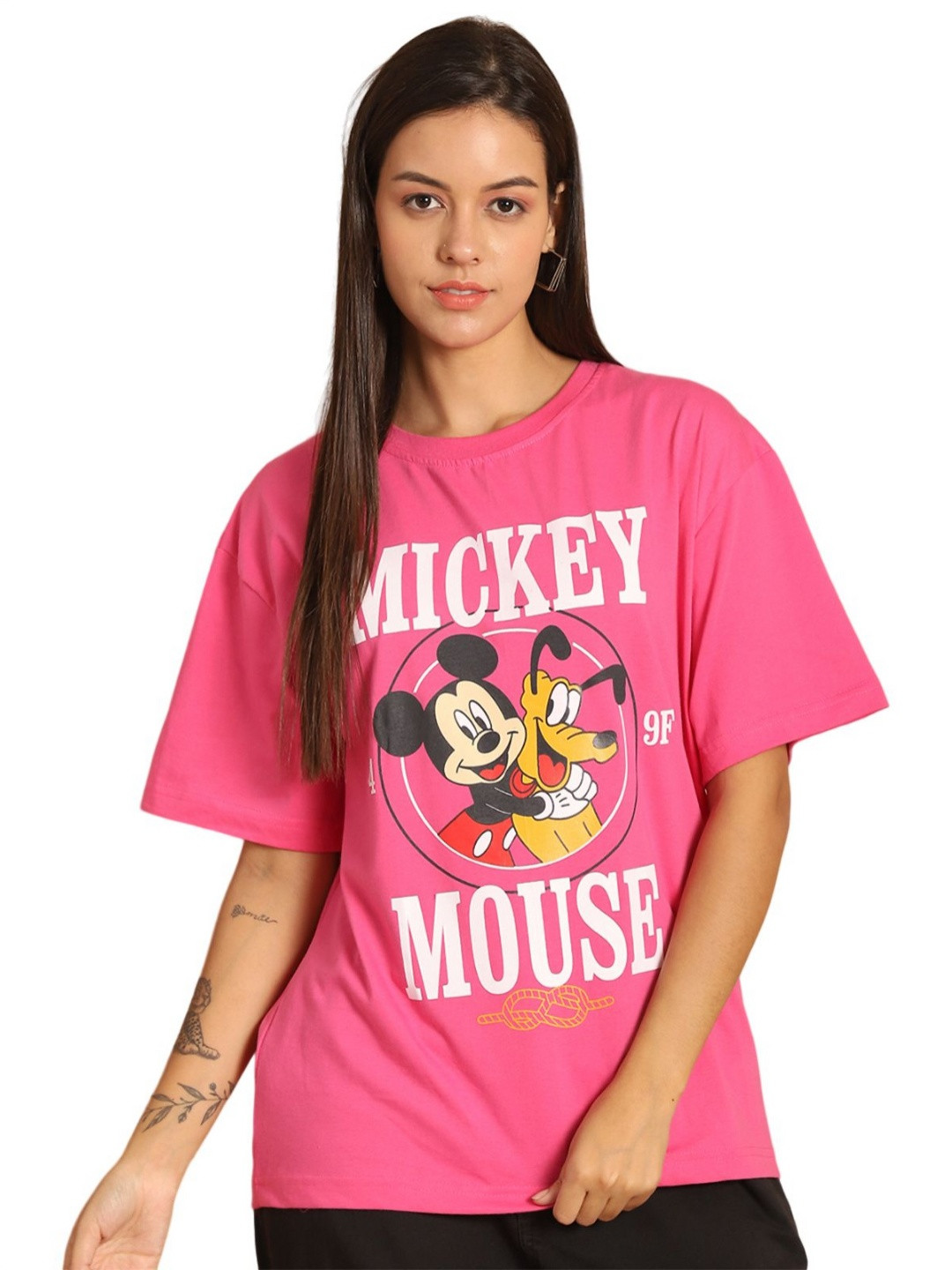 DISNEY by Dreambe Women Mickey & Friends Graphic Printed Cotton Oversized T-shirt