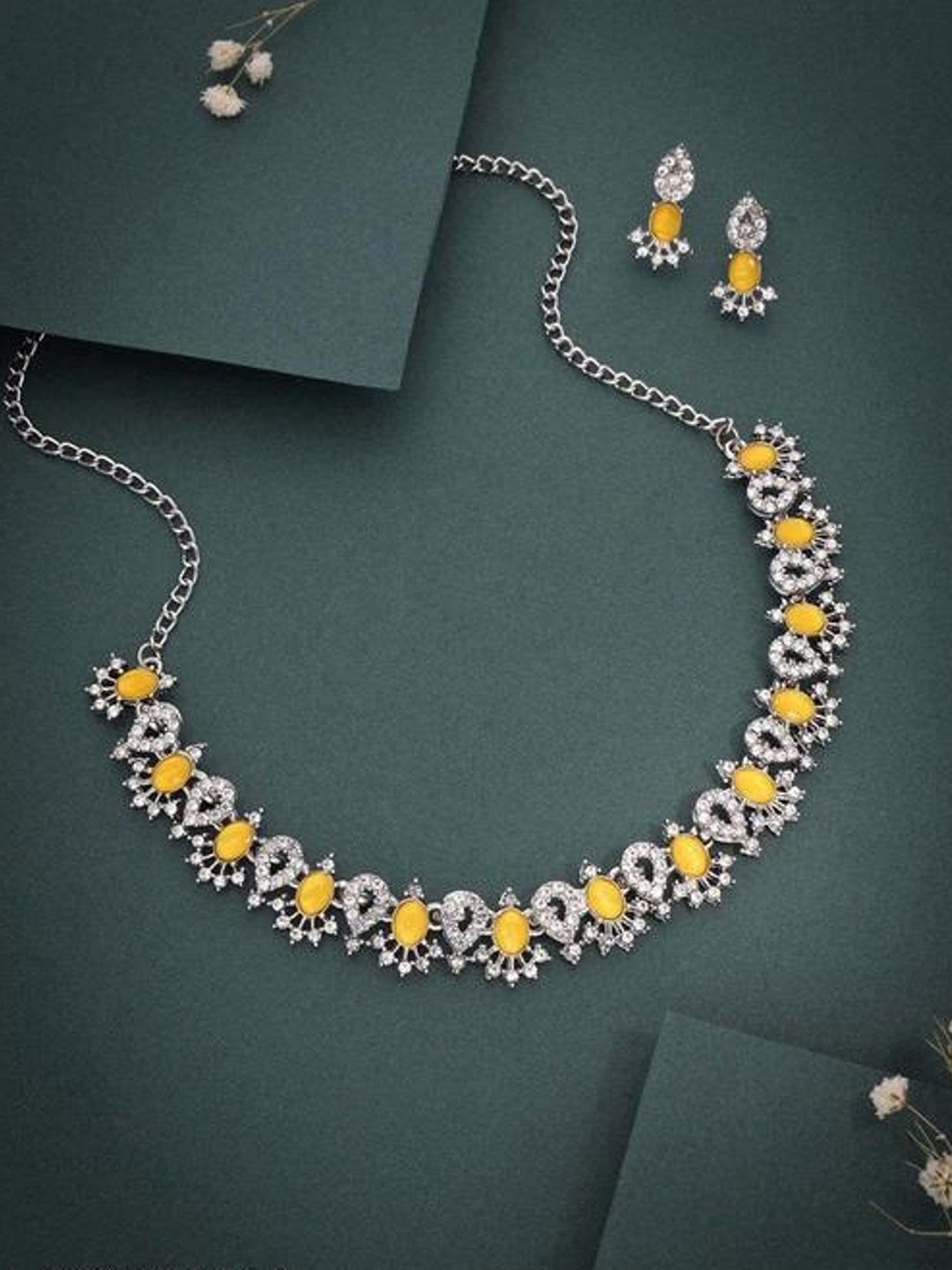 TANLOOMS Sliver Plated Artificial Stone Studded Jewellery Set