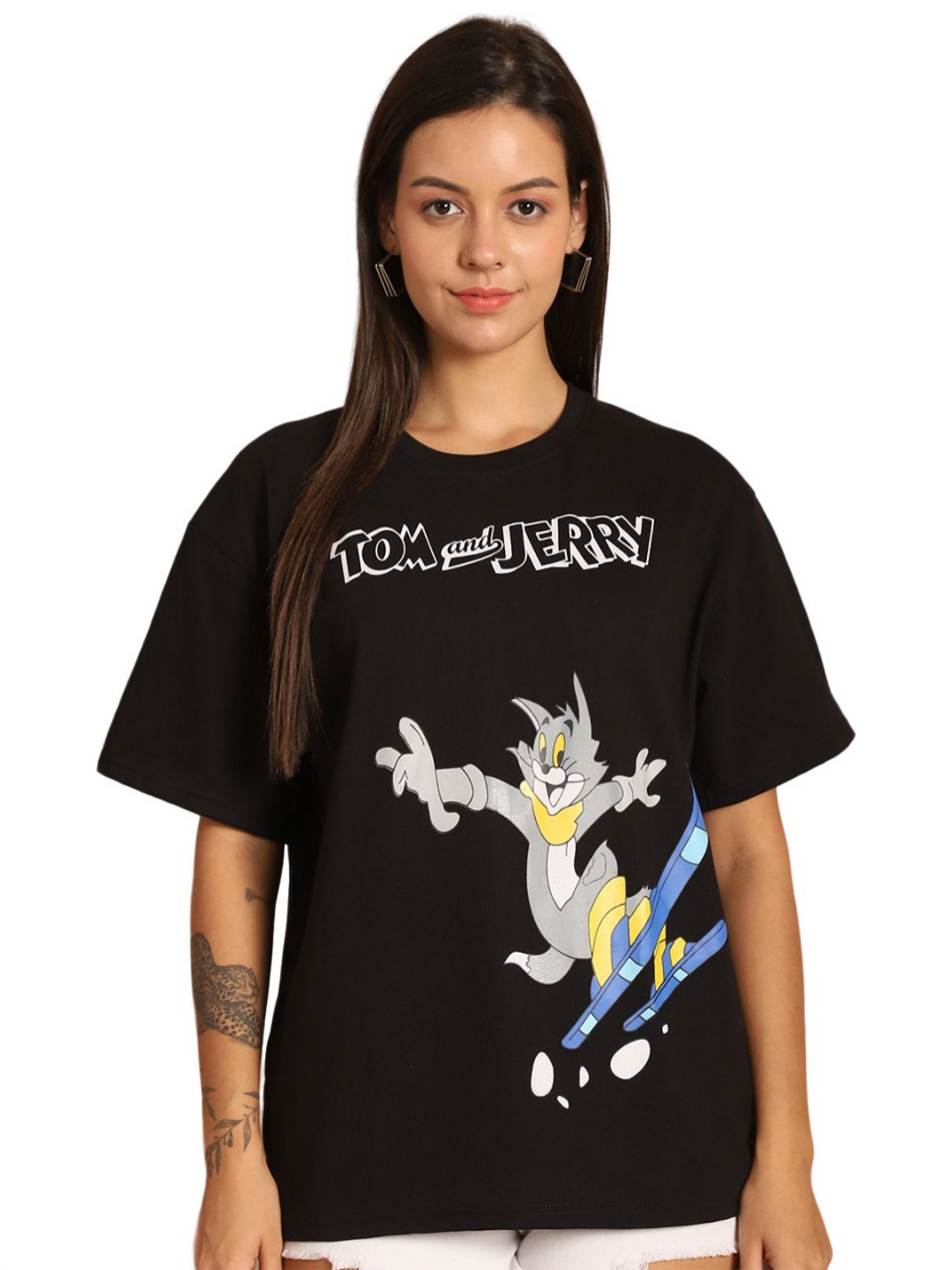 TOM AND JERRY by Dreambe Women Graphic Printed Round Neck Cotton Oversized T-shirt