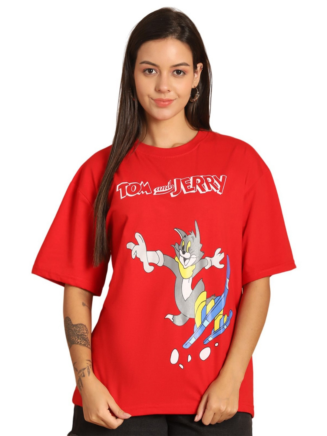 TOM AND JERRY by Dreambe Women Graphic Printed Round Neck Cotton Oversized T-shirt