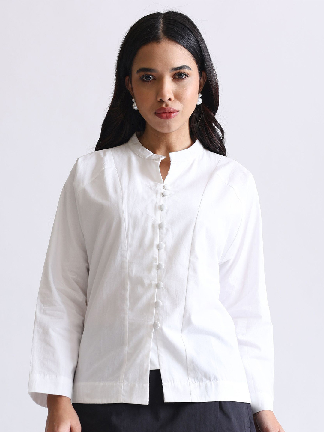 NH KAPDEWALA Women Comfort Relaxed Fit Solid Mandarin Collar Casual Shirt