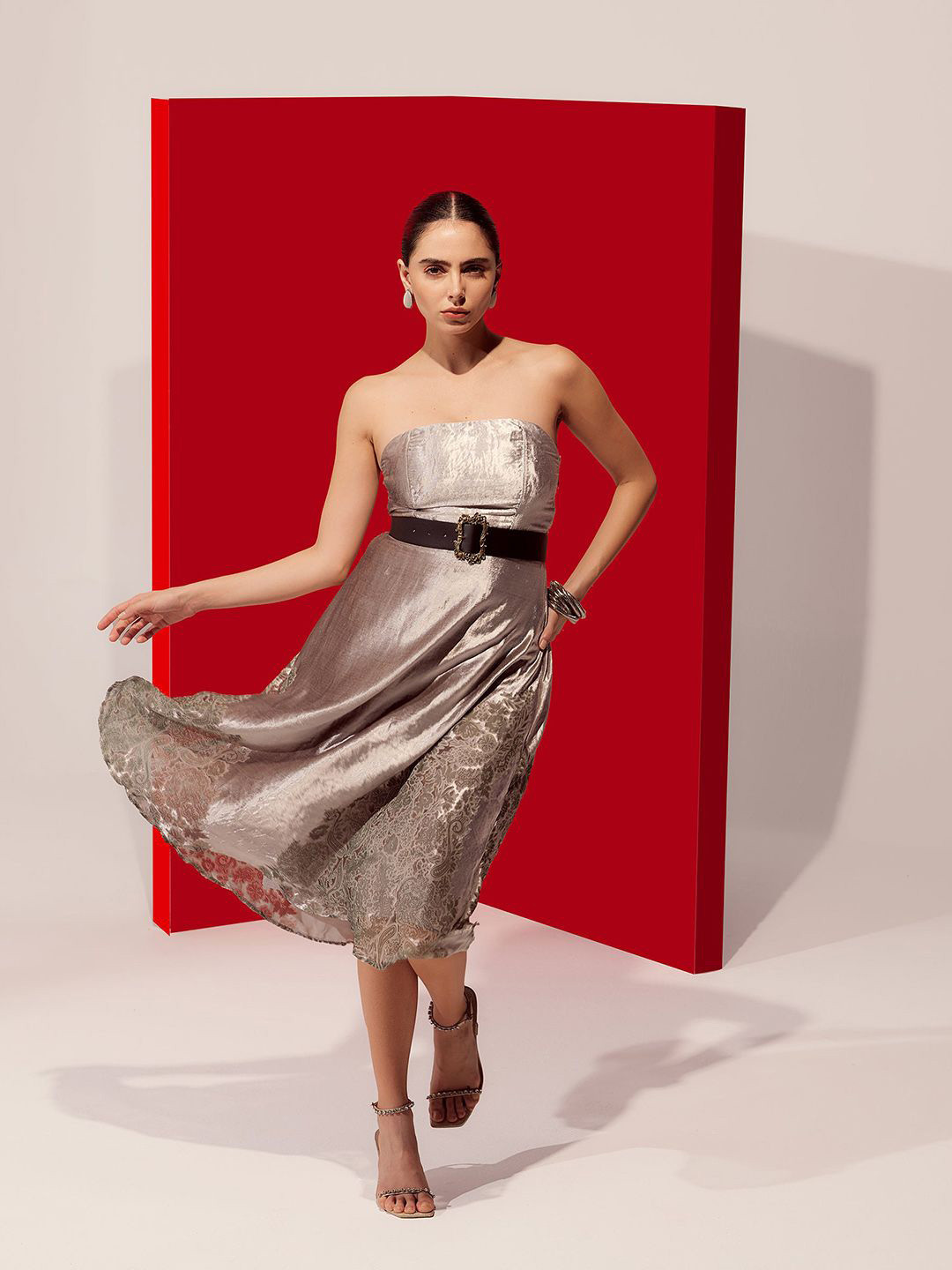 RAREISM Women Print Seson Light Silver Bandeau Dress