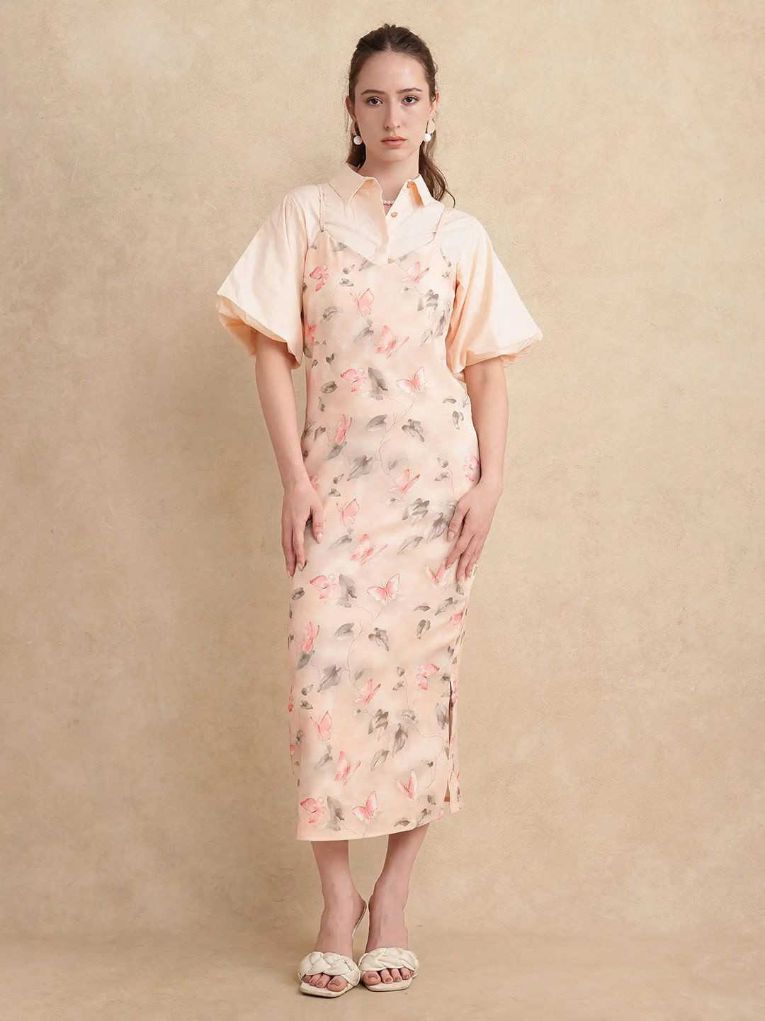 RAREISM GHA PRIMARY Floral Print Flared Sleeve A-Line Dress