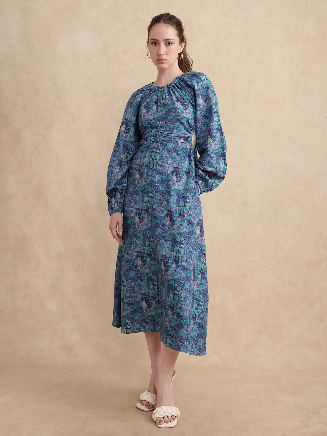 RAREISM Women Gilf Primary Blue Floral Print A-Line Midi Dress