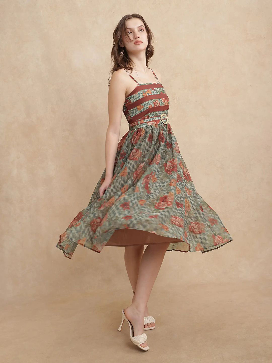 RAREISM Ostig Multi Women Floral Printed Fit and Flare Midi Cotton Dress