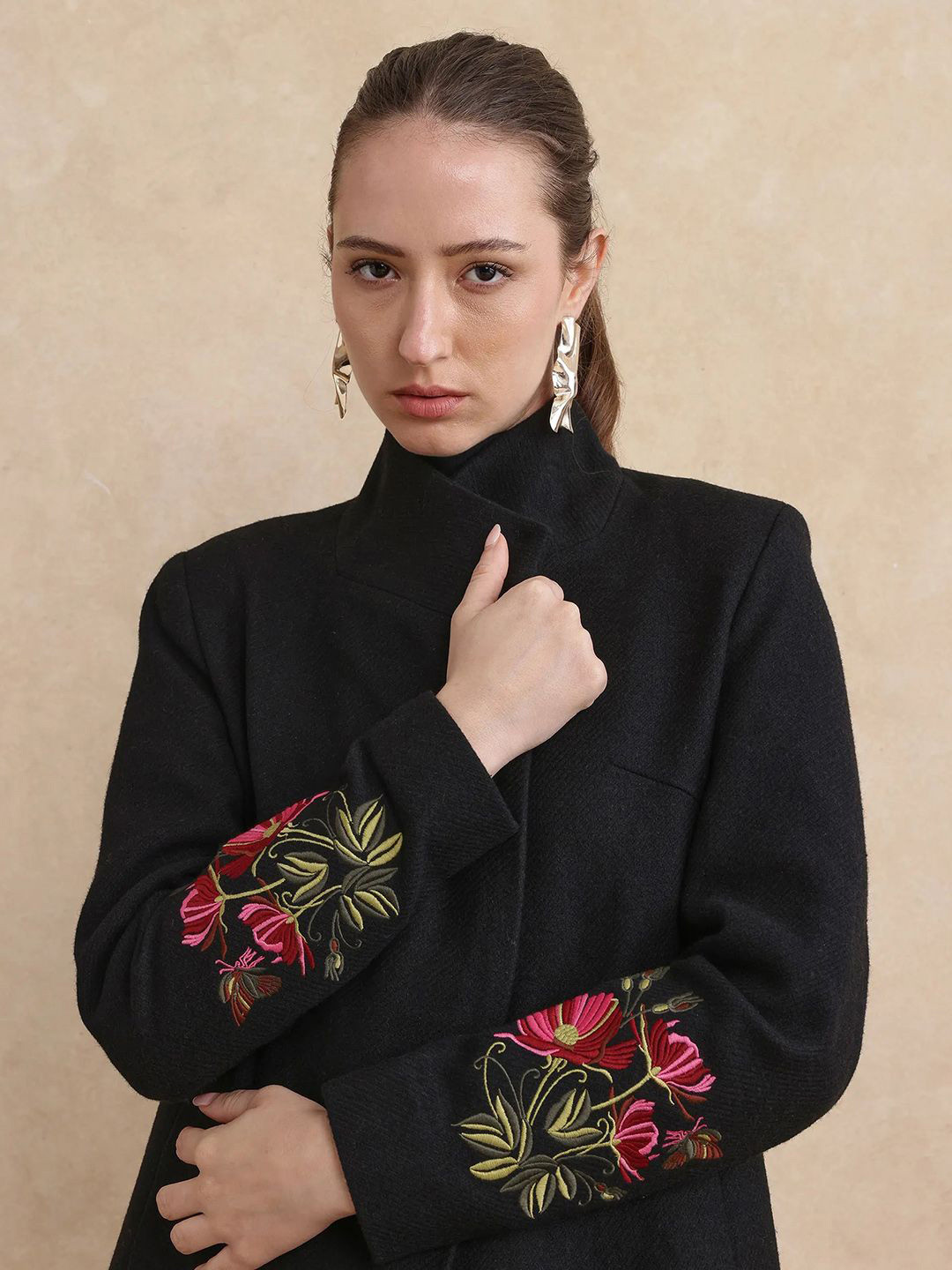 RAREISM Women Solid Monch Mandarin Collar Button-Front Longline Tailored Jacket