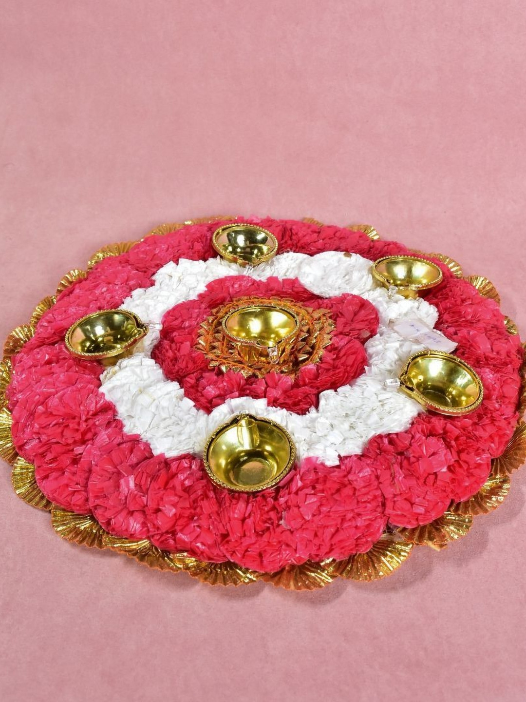 THE HOME CO. Beige & Red Round Genda Mat With Light Diya
