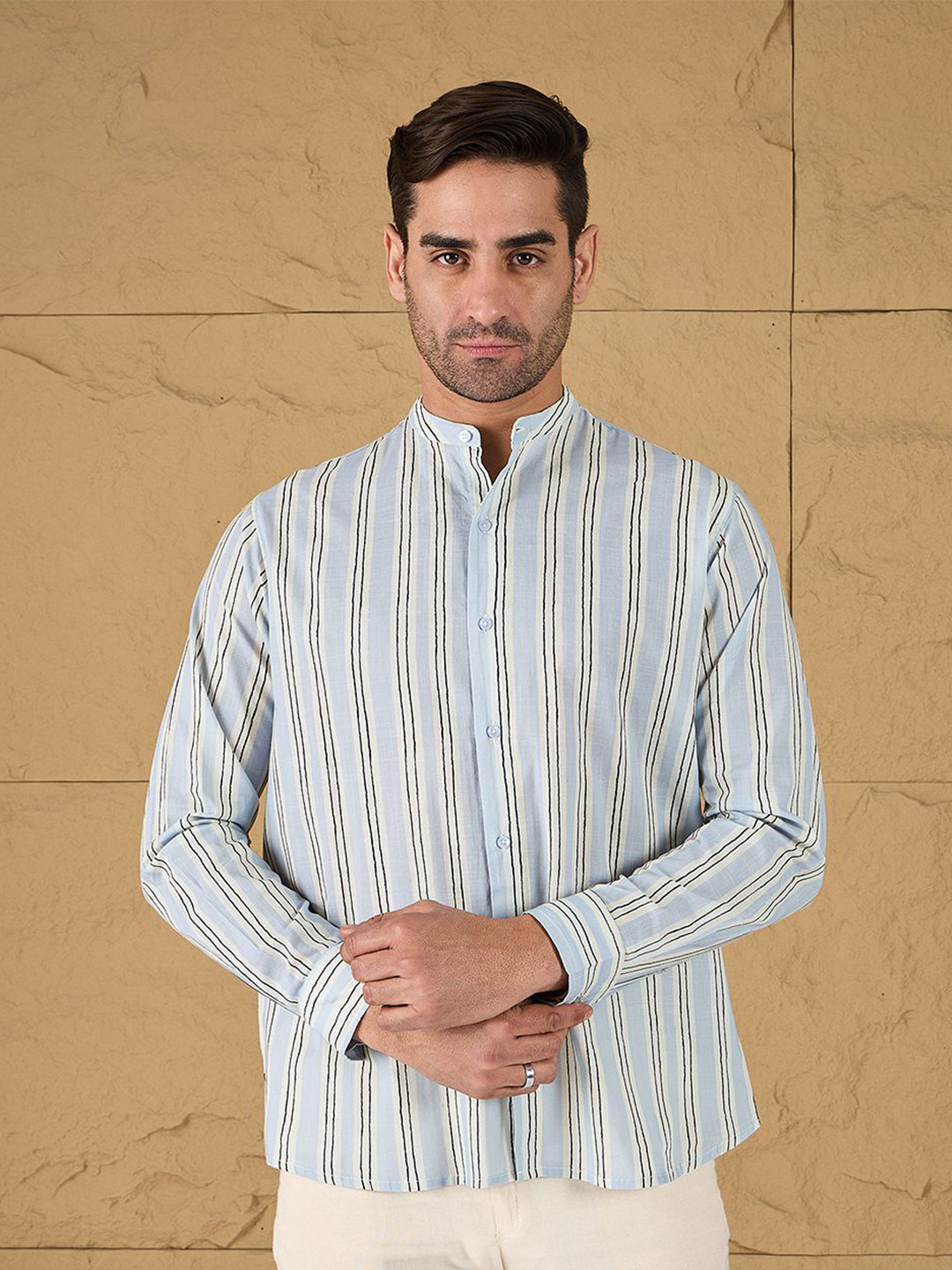 all yours Men Band Collar Vertical Striped Cotton Casual Shirt