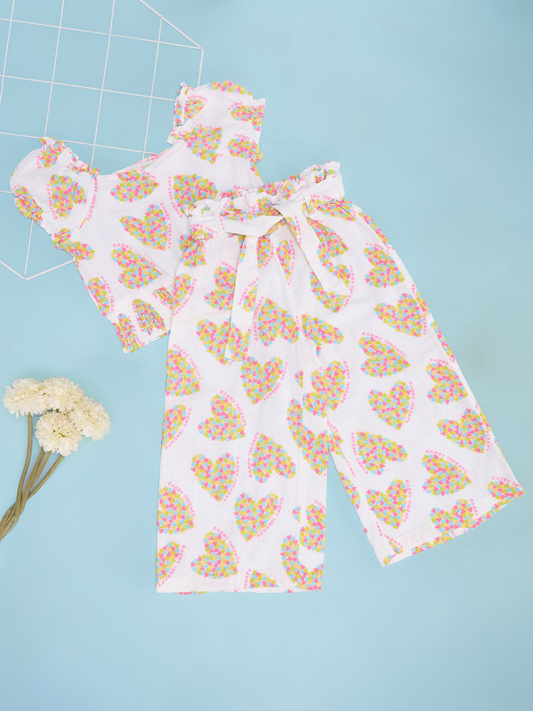 Pantaloons Junior Girls Printed Square Neck Short Sleeves Pure Cotton Top With Palazzo