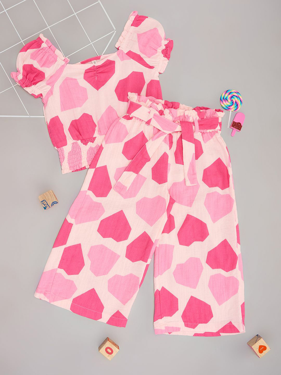 Pantaloons Junior Girls Printed Square Neck Short Sleeves Pure Cotton Top With Palazzo