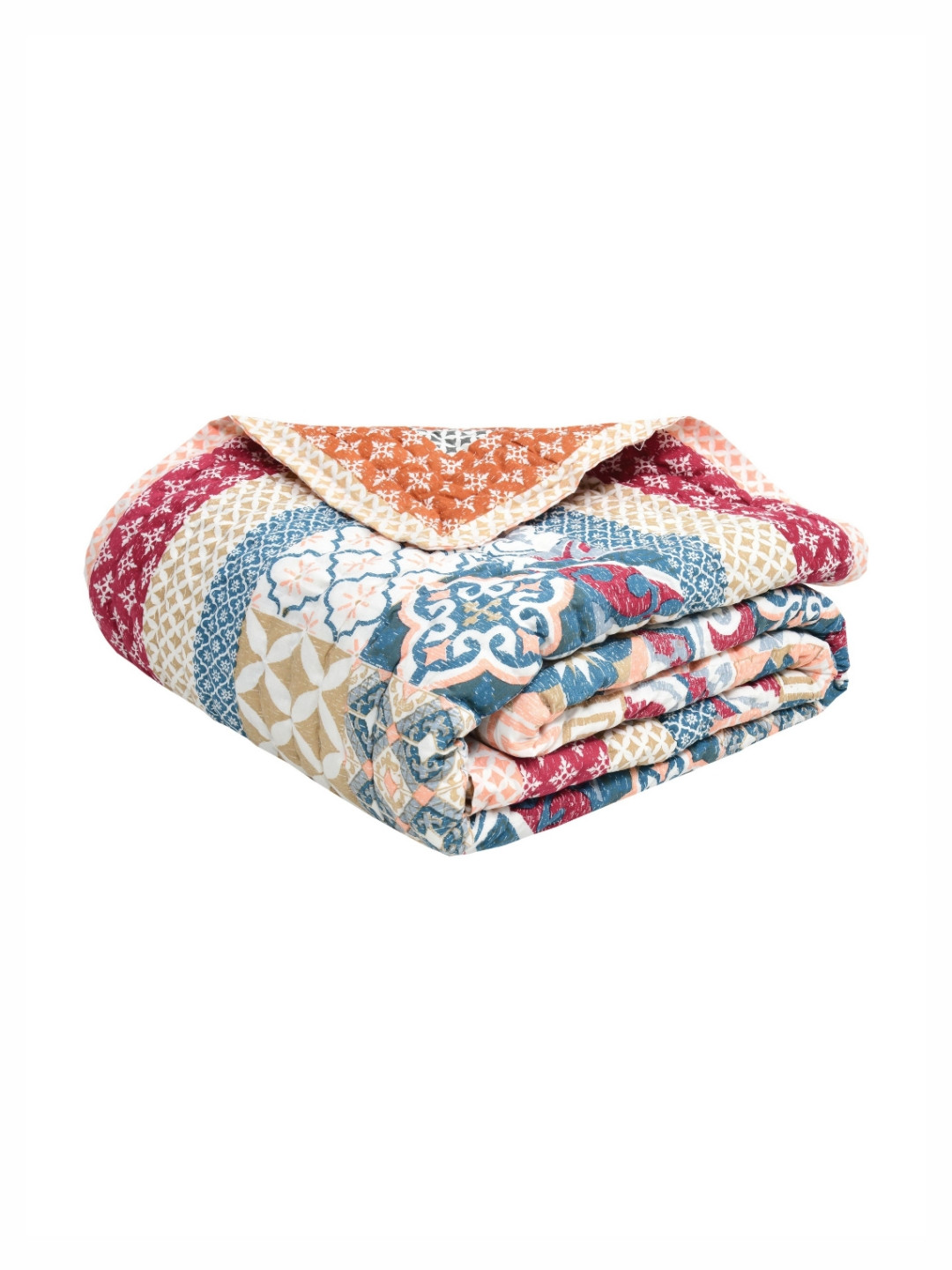 BLOCKS OF INDIA Orange & White Ethnic Motifs Mild Winter 350 GSM Cotton Double Bed Quilt
