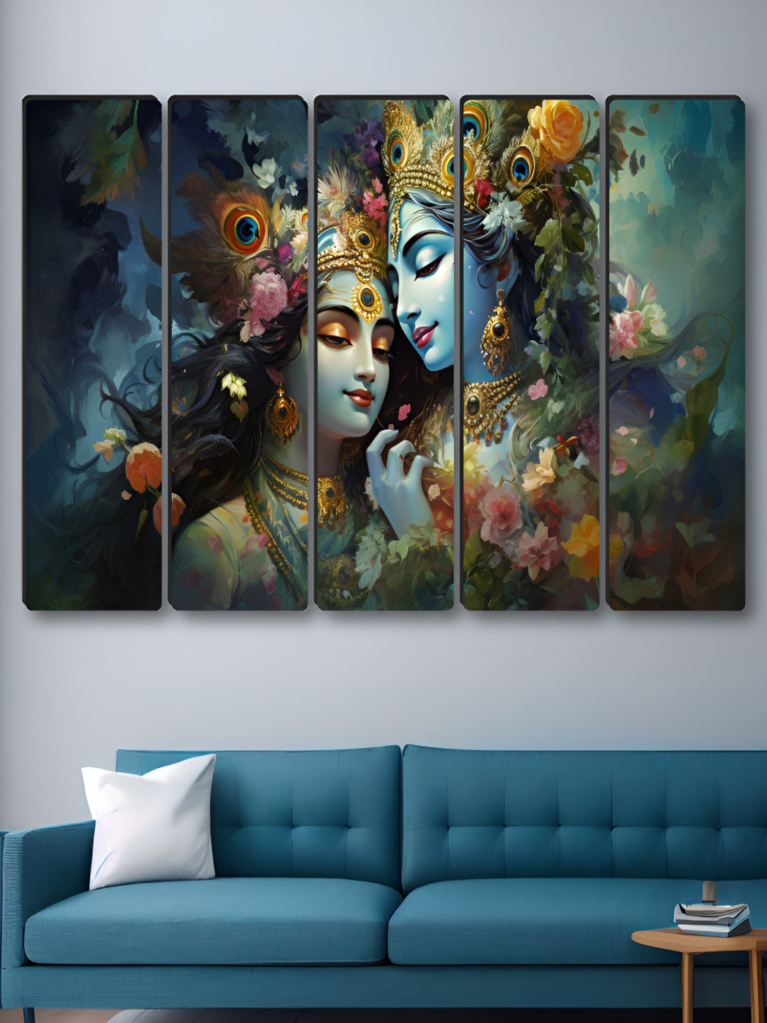 SAF Blue & Yellow 5 Pieces Radha krishna religious Synthetic Wood Wall Paintings