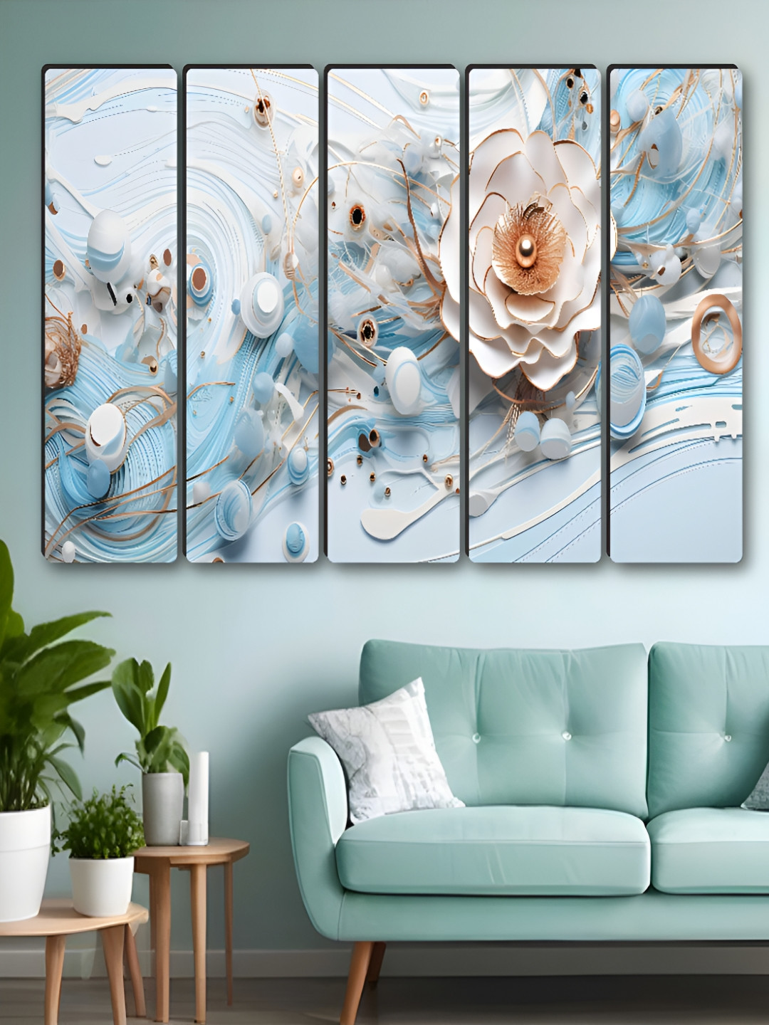 SAF Blue & White 5 Pieces Preety Flower Synthetic Wood Wall Paintings