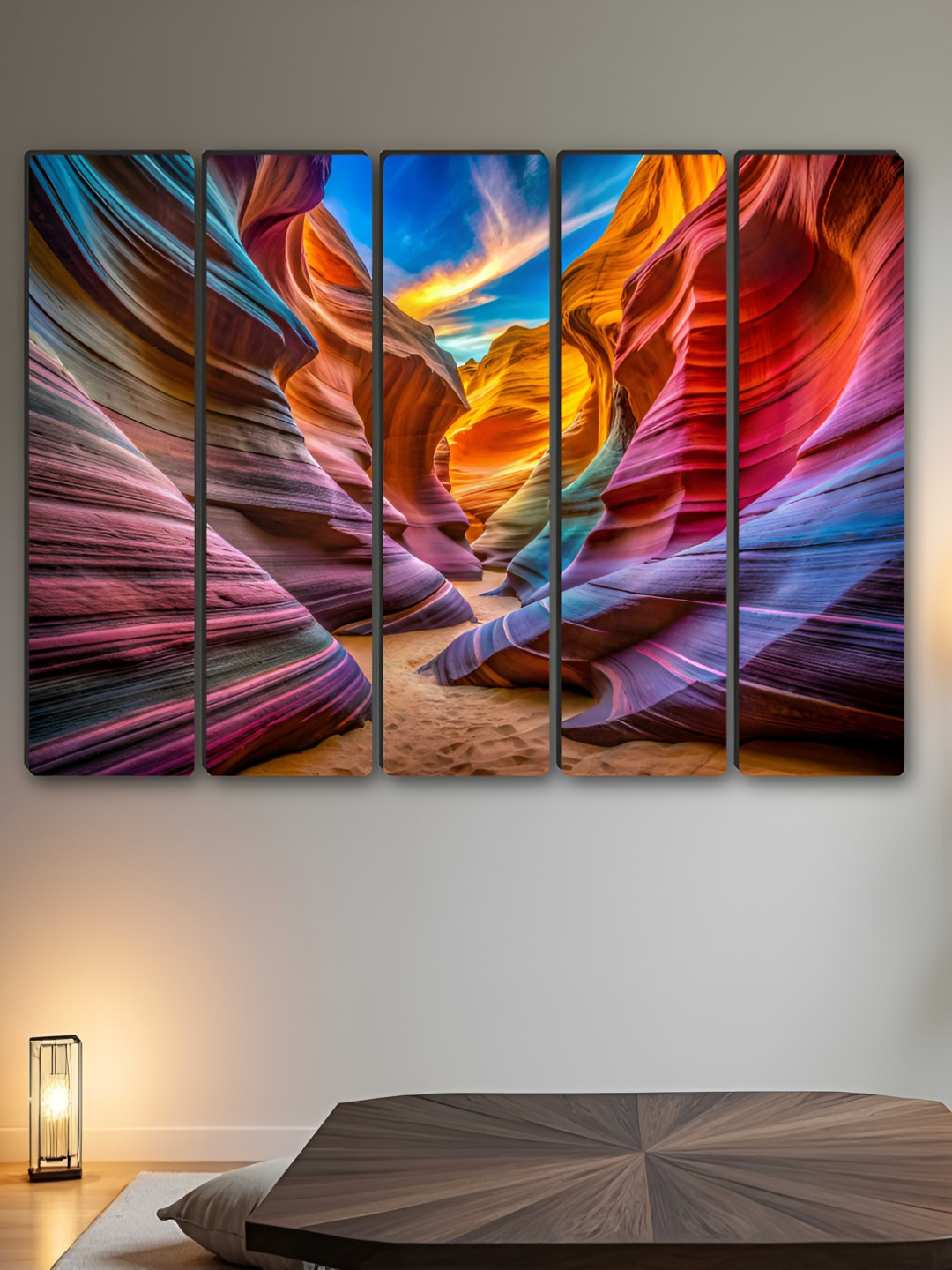 SAF Blue & Red 5 Pieces Colorful Antelope Canyon Synthetic Wood Wall Paintings