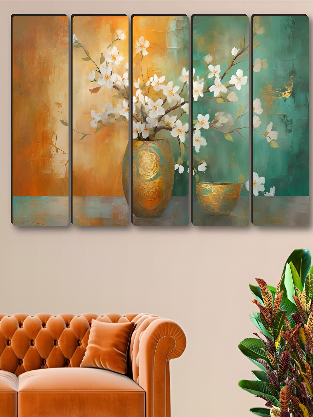 SAF Green & Orange 5 Pieces Flower Pot Synthetic Wood Floral and Botanical Wall Paintings