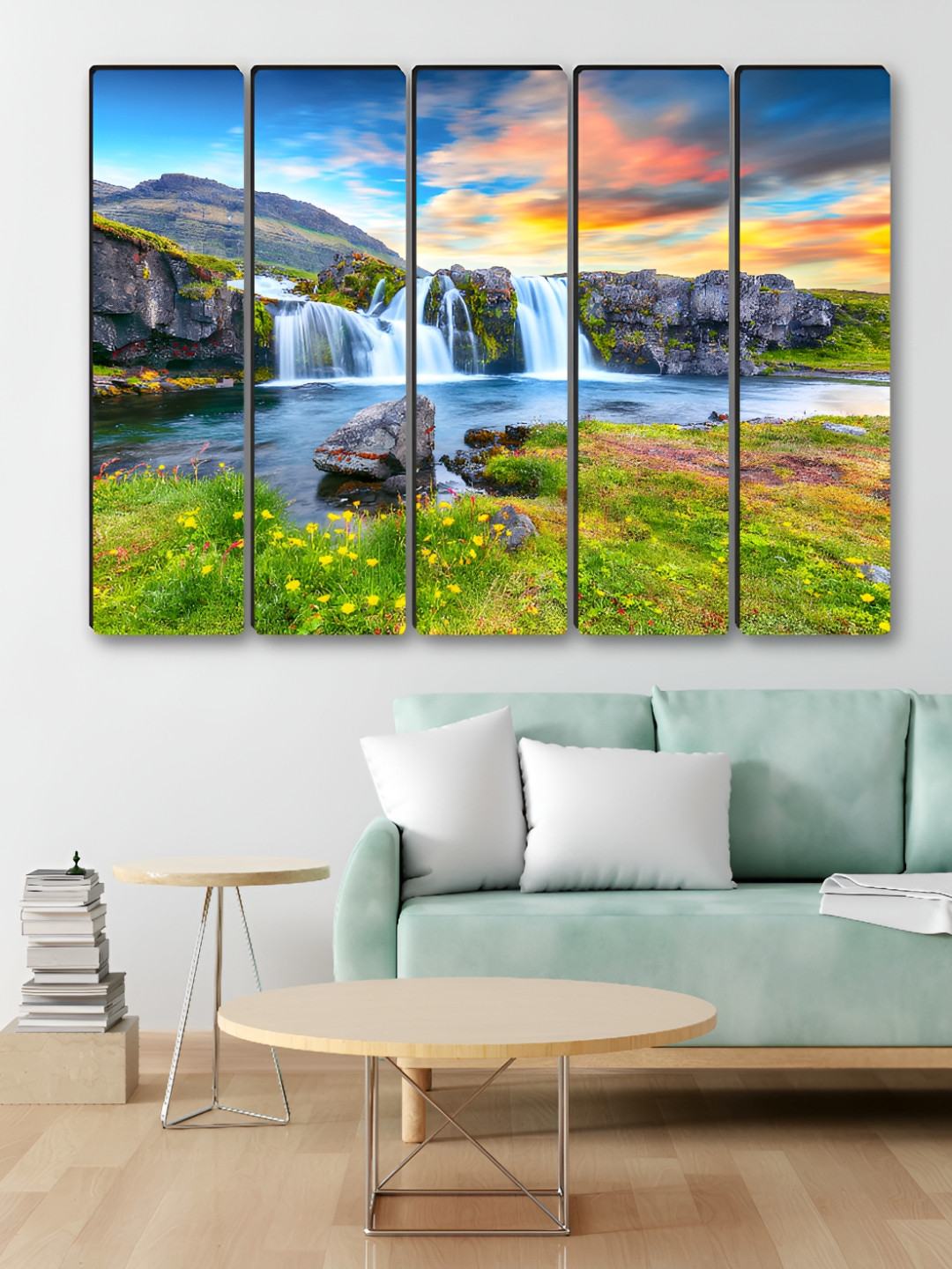 SAF Green & Blue 5 Pieces Waterfall Nature Synthetic Wood Wall Paintings