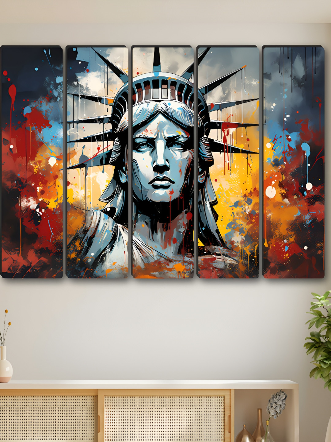 SAF Grey & Yellow 5 Pieces Horizontal Liberty Statue Synthetic Wood Wall Paintings