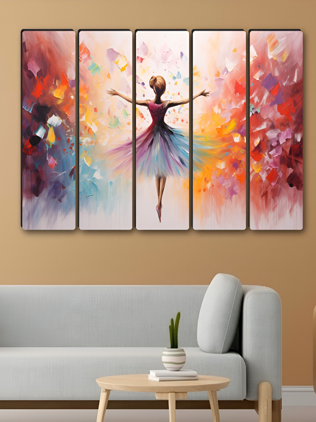 SAF Red & Orange 5 Pieces Dancing Ballerina Synthetic Wood Wall Paintings