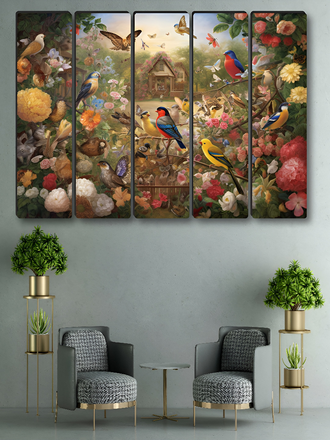 SAF Green & Red 5 Pieces Birds Sitting Plant Synthetic Wood Wall Paintings