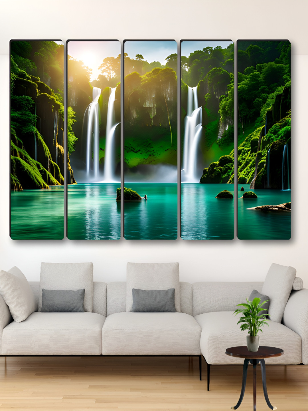 SAF Green & Blue 5 Pieces Waterfall Nature Synthetic Wood Wall Paintings