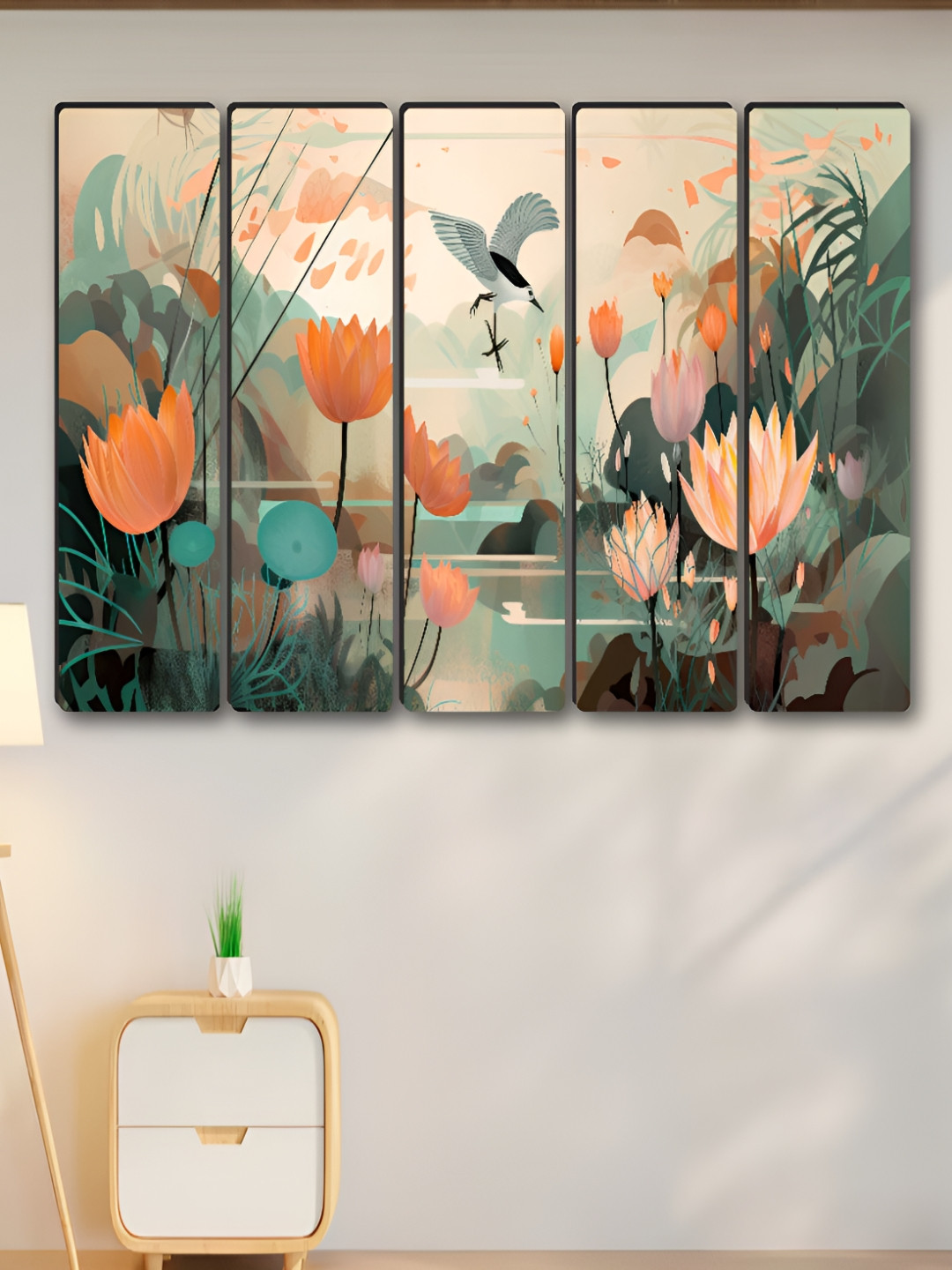 SAF Green & Orange 5 Pieces Beautiful Nature Scenery Synthetic Wood Wall Paintings