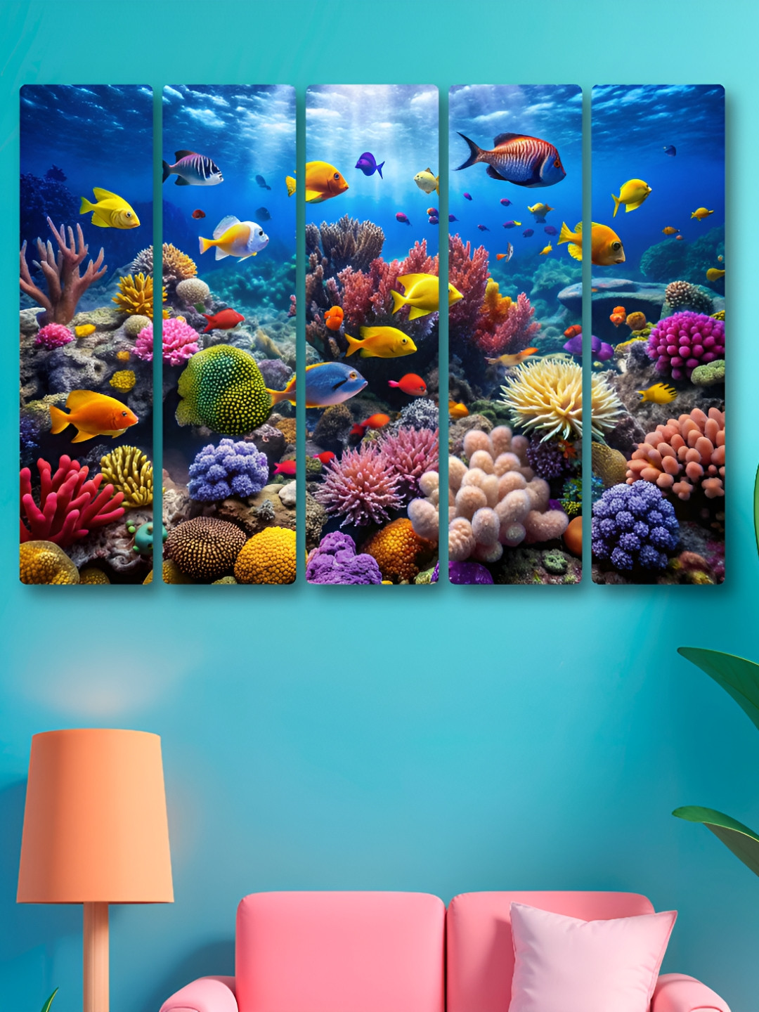 SAF Blue & Green 5 Pieces Fish Ocean Synthetic Wood Wall Paintings
