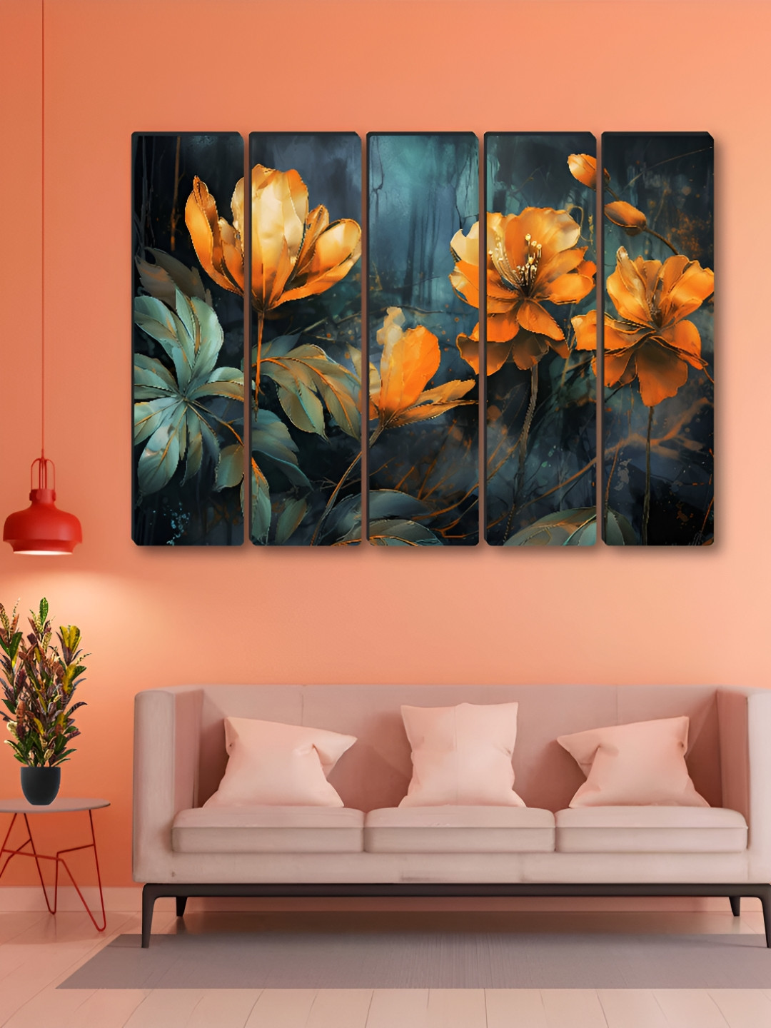 SAF Blue & Yellow 5 Pieces Flower Synthetic Wood Wall Paintings