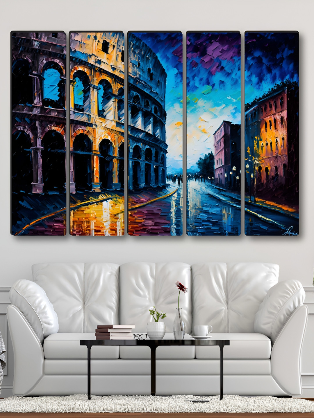 SAF Blue & Black 5 Pieces Roman Colossion Synthetic Wood Wall Paintings