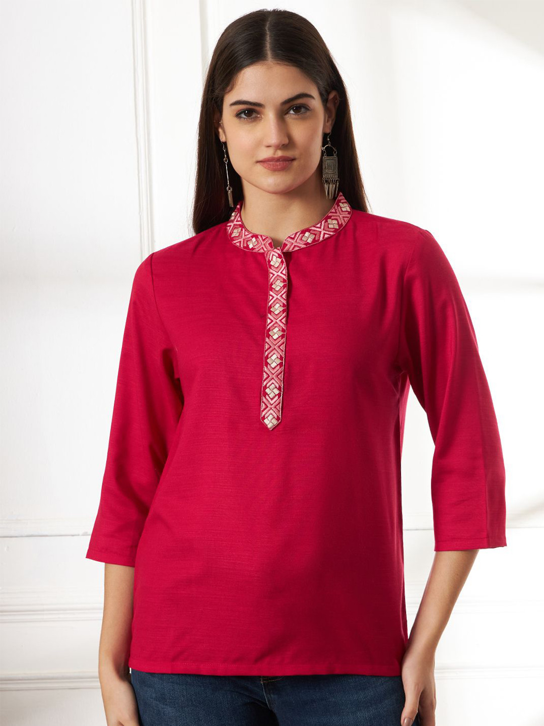 Anouk Red Mandarin Collar Embroidered Casual Kurti