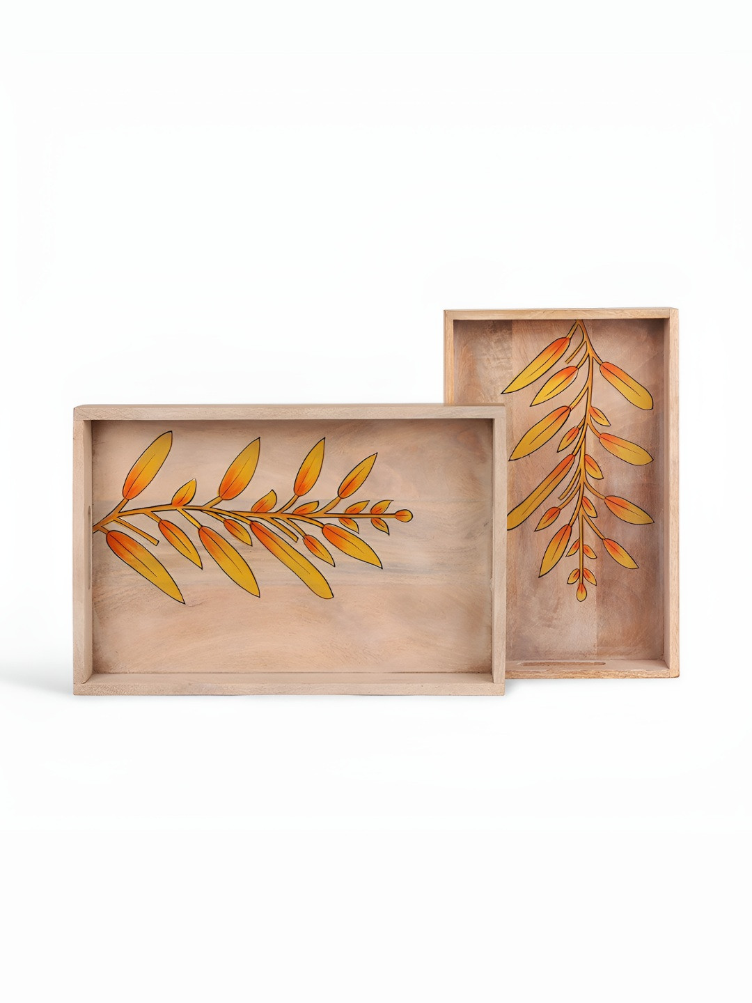 CASA DECOR Brown & Yellow 2 Pieces Autumn Leaves Printed Wooden Serving Tray