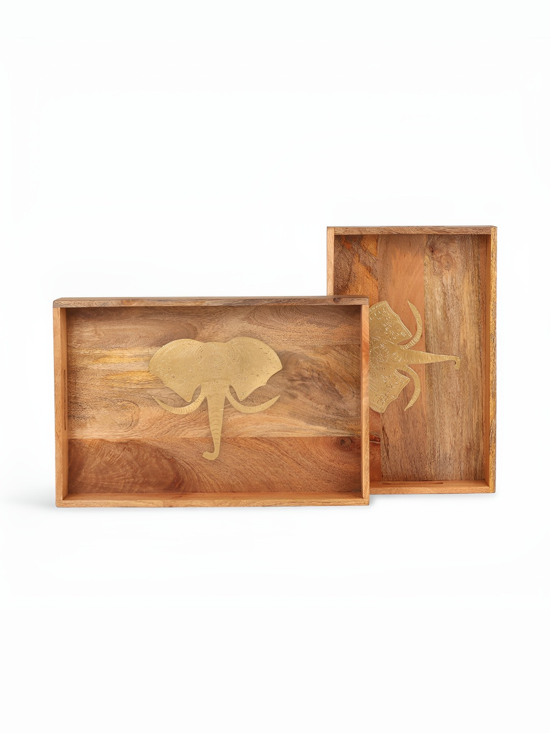 CASA DECOR Brown & Gold Toned Elephant Printed 2 Pieces Printed Wooden Serving Tray