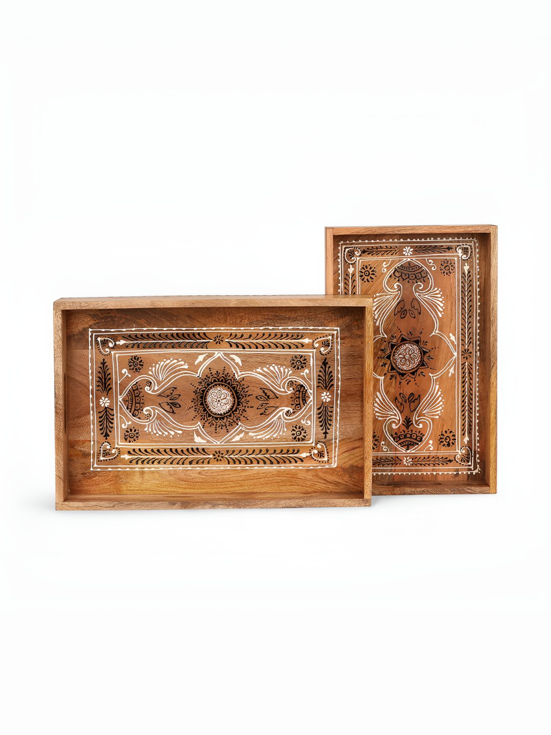 CASA DECOR Brown & White 2 Pieces Traditional Printed Wooden Serving Tray