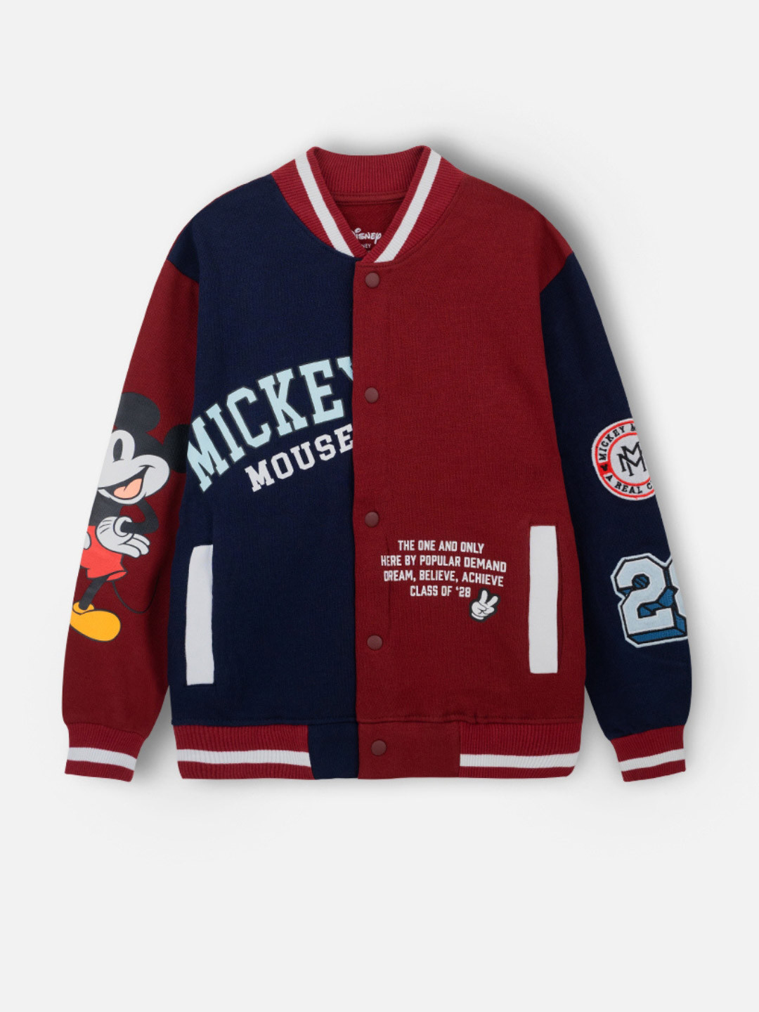 Nap Chief Kids Unisex Mickey Mouse Colourblocked Pure Cotton Relaxed Fit Varsity Jacket