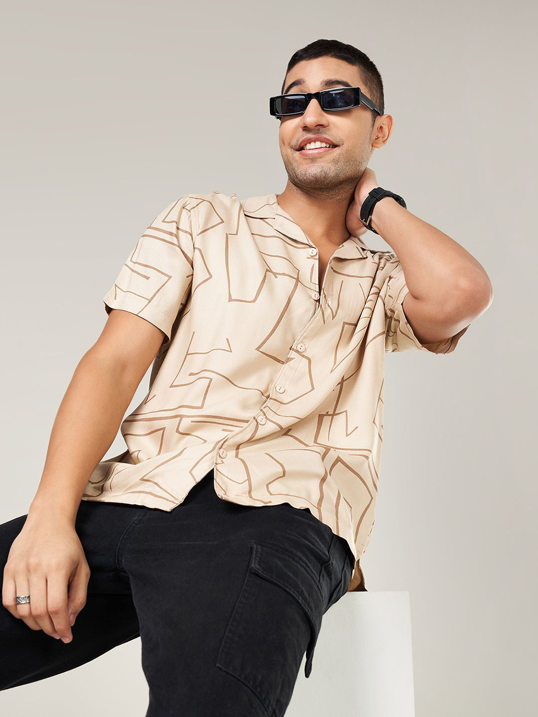 People Men Cuban Collar Abstract Printed Casual Shirt