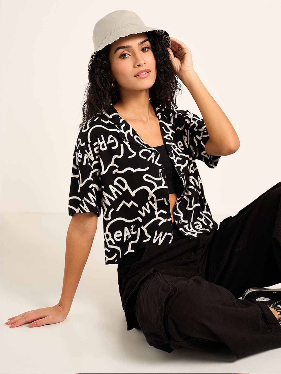 People Women CAVIAR Boxy Fit Cuban Collar Typography Printed Casual Shirt