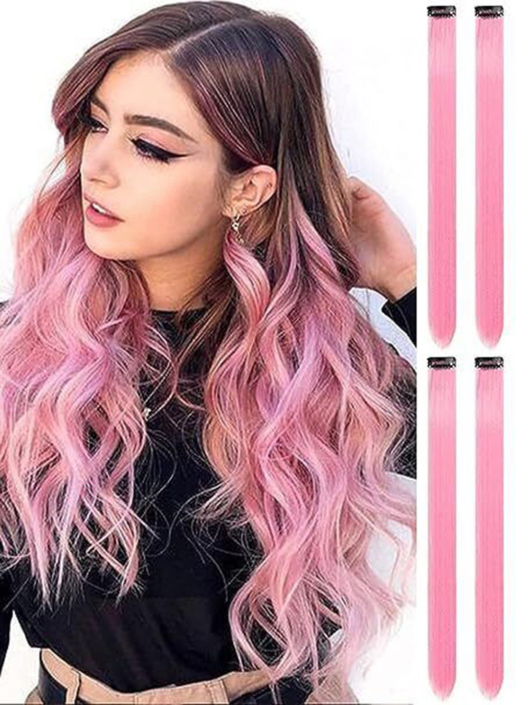 CRIBE Set Of 4 Clip-In Colored Straight Hair Streak - Light Pink - 22 Inch Each