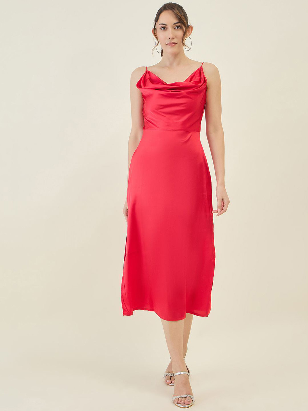 aayu Shoulder Straps Satin A-Line Midi Dress